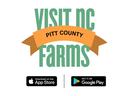 VISIT NC FARMS logo, PITT COUNTY ribbon; App Store and Google Play badges
