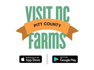 VISIT NC FARMS logo, PITT COUNTY ribbon; App Store and Google Play badges