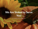 Sunflower and pumpkin with overlaid text: "We Are Stoked to Serve You!"