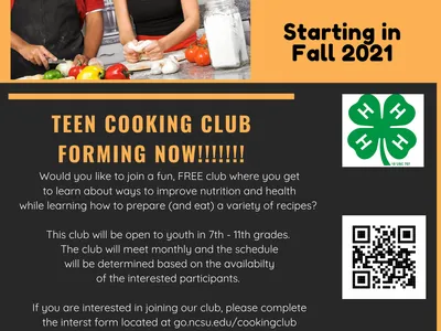 Two teens preparing vegetables; flyer text: "Teen Cooking Club, Starting in Fall 2021"