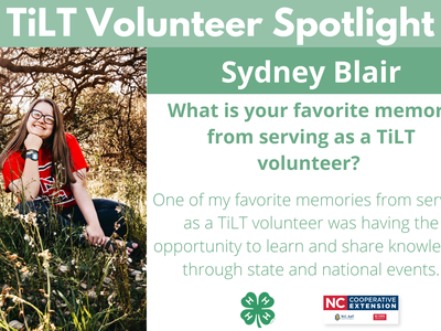 Headshot of Sydney Blair with following text to the right of image. TiLT Volunteer Spotlight. Sydney Blair. What is your favorite memory from serving as a TiLT volunteer? One of my favorite memories from serving as a TiLT volunteer was having the opportun