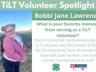 Headshot of Bobbi Jane Lawrence with following text to the right of image. TiLT Volunteer Spotlight. Bobbi Jane Lawrence. What is your favorite memory from serving as a TiLT volunteer? One of my favorite memories serving as a TiLT volunteer was the summer