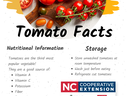 Tomato Facts flyer showing tomatoes, nutrition bullets, storage tips, and "NC Cooperative Extension" logo