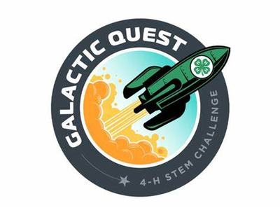 Rocket with 4‑H clover launching in circular badge labeled "GALACTIC QUEST" and "4‑H STEM CHALLENGE"
