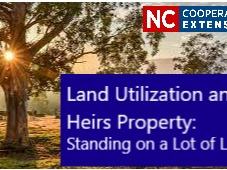 Tree at sunrise with Cooperative Extension logo and text: "Land Utilization and Heirs Property"