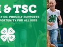 4-H & TSC banner and text; two children running by a barn