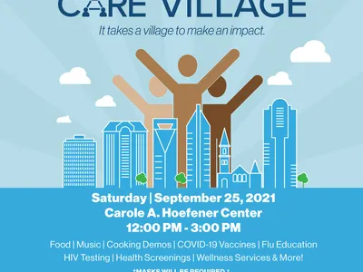 Care Village event poster — Sept 25, 2021, 12:00–3:00 PM, Carole A. Hoefener Center. Masks required.