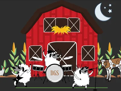 Three sheep performing with drum labeled DGS in front of red barn at night; cow and chicken.