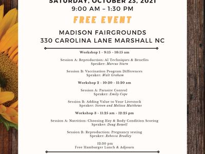 Madison Livestock Field Day — Oct 23, 9:00–1:30, Free, Madison Fairgrounds, 330 Carolina Ln, Marshall NC