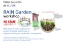 RAIN Garden workshop flyer with NC STATE UNIVERSITY logo and rain garden cross-section diagram