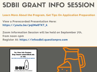 SDBII GRANT INFO SESSION flyer; Zoom session Sept 7 noon–1pm; prerecord https://youtu.be/pqIMe8TKT_k