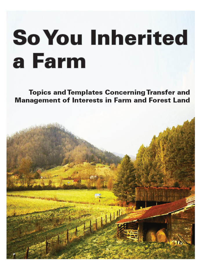 Cover: 'So You Inherited a Farm' over farm landscape; subtitle on transfer and management