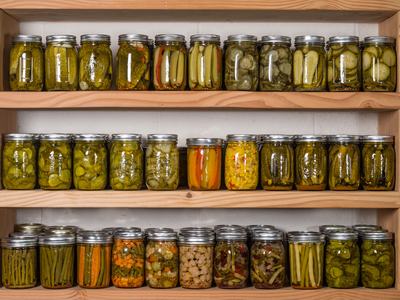 Wooden shelf holding three rows of assorted pickled vegetables in glass jars