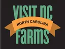 Logo reading "VISIT NC FARMS" with an orange ribbon across it saying "NORTH CAROLINA"