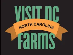 Logo reading "VISIT NC FARMS" with an orange ribbon across it saying "NORTH CAROLINA"