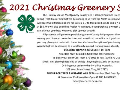 2021 Christmas Greenery Sale flyer: Montgomery County 4‑H selling Frasier fir trees and wreaths.