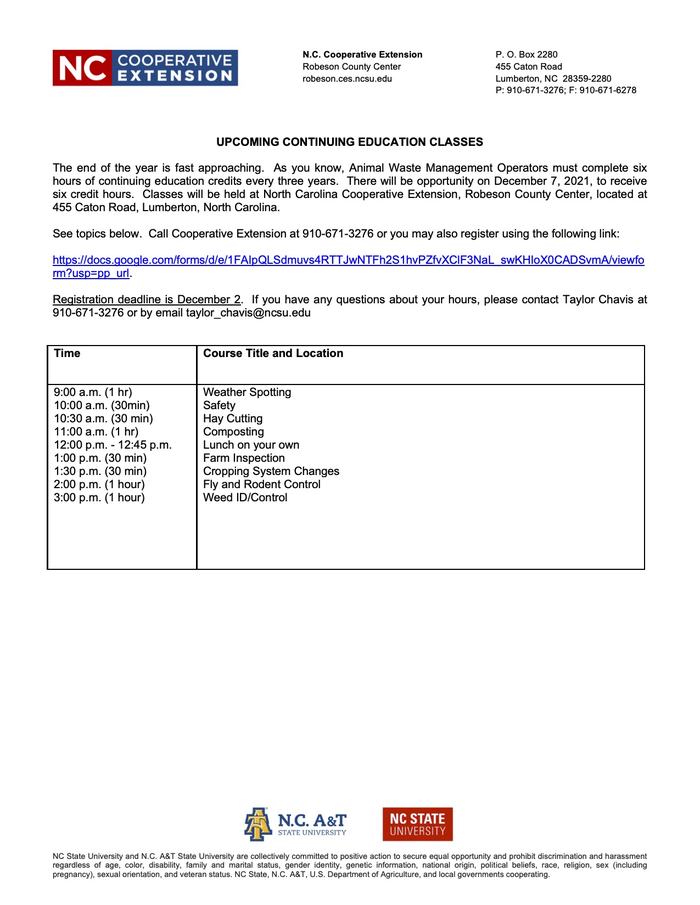 NC Cooperative Extension flyer: Continuing Education classes Dec 7, 2021; reg. deadline Dec 2.