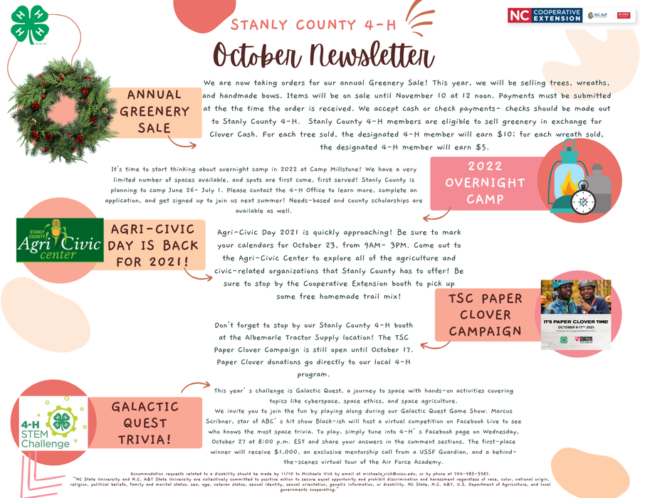 Stanly County 4-H October Newsletter with announcements: Annual Greenery Sale, 2022 Overnight Camp