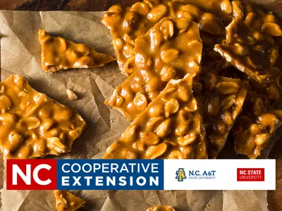 Peanut brittle on parchment with banner reading "NC Cooperative Extension" and university logos