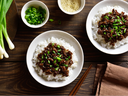 Ground beef bowls with fresh green onions