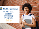 Student holding folders by brick wall; text: "NC A&T 2022 Student Internship Program Apply Now"