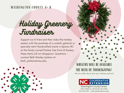 Washington Co. 4-H Holiday Greenery Fundraiser flyer; wreath image; available week of Thanksgiving