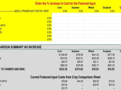 Spreadsheet showing crop comparison summary and input cost table for corn, soybean, wheat, sorghum, cotton