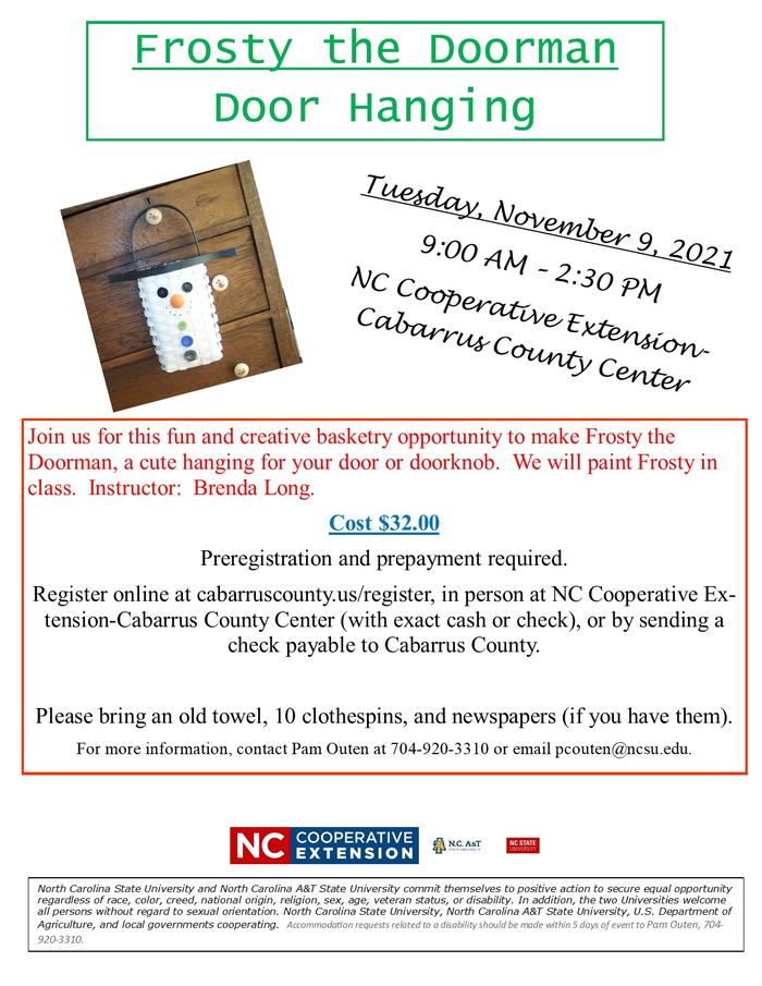 Frosty the Doorman door hanging; Tuesday, Nov 9, 2021, 9:00 AM–2:30 PM