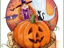 Jack-o'-lantern with witch, ghost, black cat and bats; banner reads "Happy Halloween"