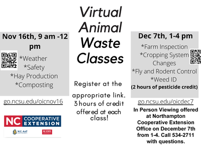 Virtual Animal Waste Classes — Nov 16 9am–12pm and Dec 7 1–4pm; registration links shown