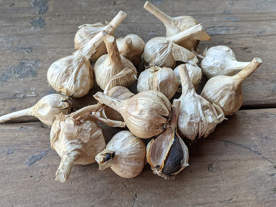 Dried garlic bulbs on wooden surface, one split open revealing a black clove