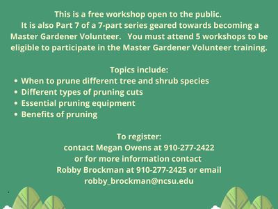 Pruning Trees and Shrubs workshop Thurs Nov 18, 2021 10–11:30 AM, 231 Cronly St., Laurinburg