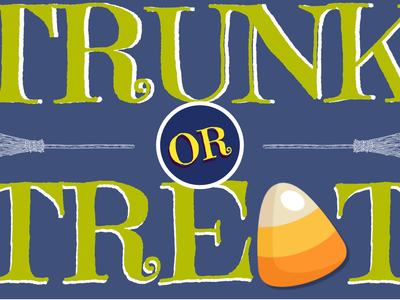 Large "TRUNK OR TREAT" text with candy corn graphic and broom illustrations
