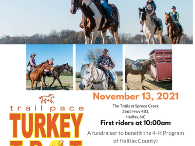 Group of horseback riders; flyer text "Turkey Trot 2021", Nov 13, 2021, First riders 10:00am, Entry $25