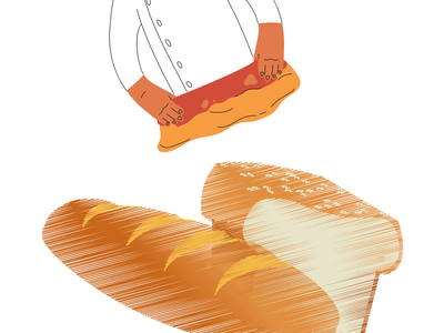 Baker in white coat stretching dough above two loaves of bread.