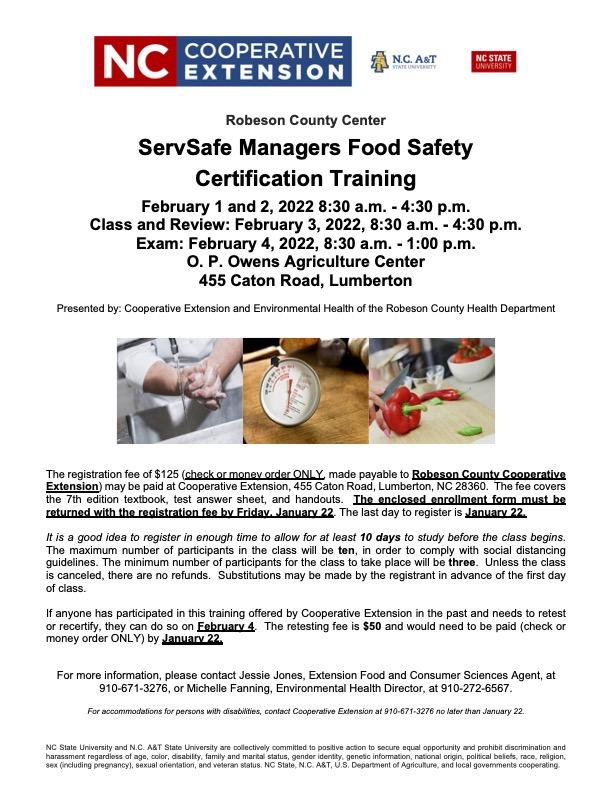 ServSafe Managers Food Safety certification Feb 1–4, 2022 at O.P. Owens Ag Center, 455 Caton Rd