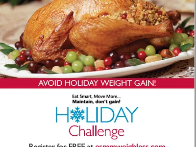 Roasted stuffed turkey on platter; text reads "Only the turkey should be stuffed" and "Avoid holiday weight gain!"