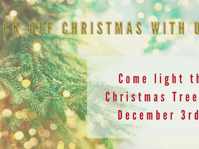 flier advertising Christmas Tree lighting with christmas tree in background