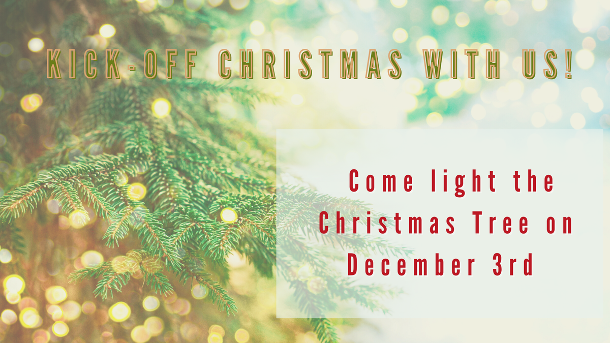 flier advertising Christmas Tree lighting with christmas tree in background