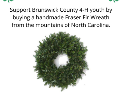 Support Brunswick county 4-H youth by buying a handmade Fraser Fir wreath from the mountains of North Carolina. Wreath. NC Cooperative Extension logo.