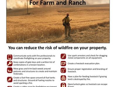 Person in field with smoke; header: FIRE SAFETY For Farm and Ranch; 'Reduce wildfire risk.'