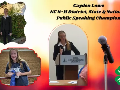 Young speaker at podium and holding ribbon; text: Cayden Lowe — NC 4‑H Public Speaking Champion