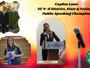 Young speaker at podium and holding ribbon; text: Cayden Lowe — NC 4‑H Public Speaking Champion