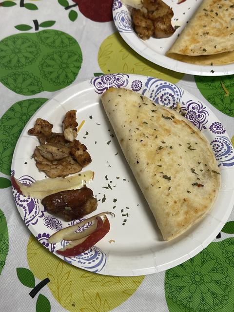 Folded quesadilla on paper plate with grilled chicken pieces and apple slices