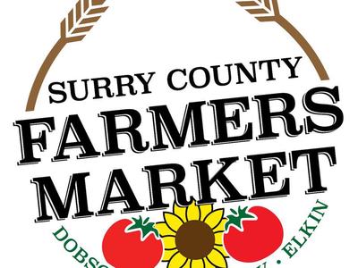 Surry County Farmers Market logo: sunflower, two tomatoes; text "Dobson • Mount Airy • Elkin"