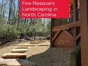 'Fire-Resistant Landscaping in North Carolina' text over gravel path with stepping stones; NC STATE EXT.