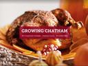 Roasted turkey on platter with pumpkins; overlay text "GROWING CHATHAM"