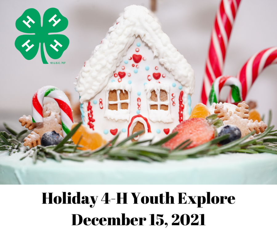 Gingerbread house with candy canes; text: "Holiday 4-H Youth Explore December 15, 2021"