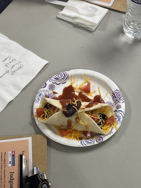 Paper plate with two soft tacos topped with shredded cheddar, diced tomatoes, black beans, and salsa