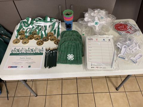 4-H medals, certificate for Taffy Jones, pencils, green knit hat, planners and kitchen tools on table
